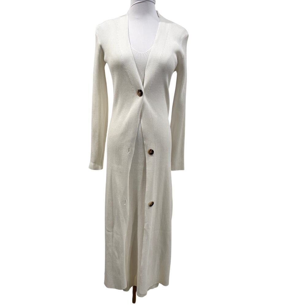 White Ivory Ribbed Knit Longline Cardigan & Midi Dress Set Minimal Chic Small - Picture 2 of 10